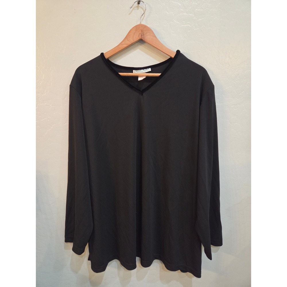 Stephanie Andrews Black Long Sleeve Velvet Trim V-Neck Top Plus Size 2X USA Made